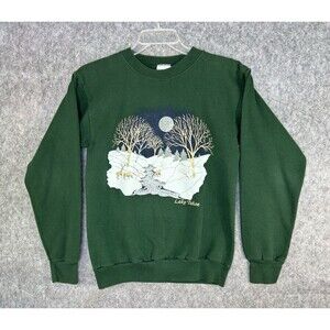 Vintage Lake Tahoe Sweatshirt Women’s Size M Green Mountain Snow Wilderness Deer